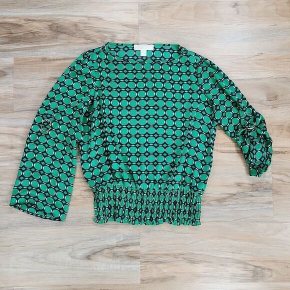 💜Michael Kors Green Circular Geo Print Adjustable Long Sleeve Blouse Small - Picture 1 of 12